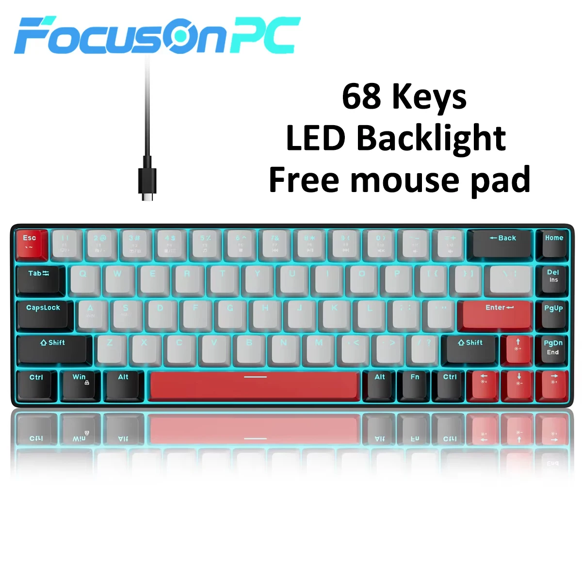 FocusOnPC MK-BOX Portable 60% Mechanical Gaming Keyboard, 68 Keys Compact Wired Keyboard with LED Backlight for Gaming & Office, Compatible with PC, Laptop & Mac, Free Random Mouse Pad Included photo 1