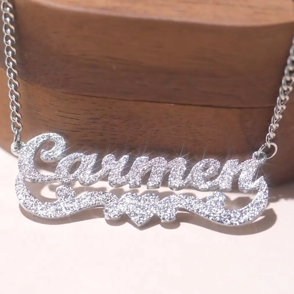 My Shape Custom Name Sparkling Necklaces Stainless Steel Customized Bling Frosted Pendants Personalized Name Chain Jewelry Gifts photo 1