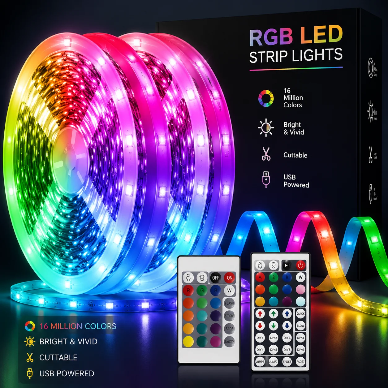 USB 5050 RGB LED Strip Lights with Remote Control 44 Lighting Modes Dimmable Million Gradient Colors for Bedroom Festival Decor photo 1