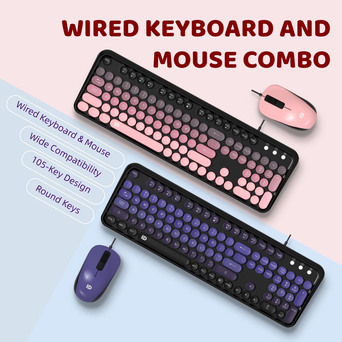 Retro Punk Round Keycap Wired Keyboard Mouse Combo Set 105 Keys USB Gaming Office Typewriter Style Mechanical Feel Pink Purple Gradient PC Laptop photo 1