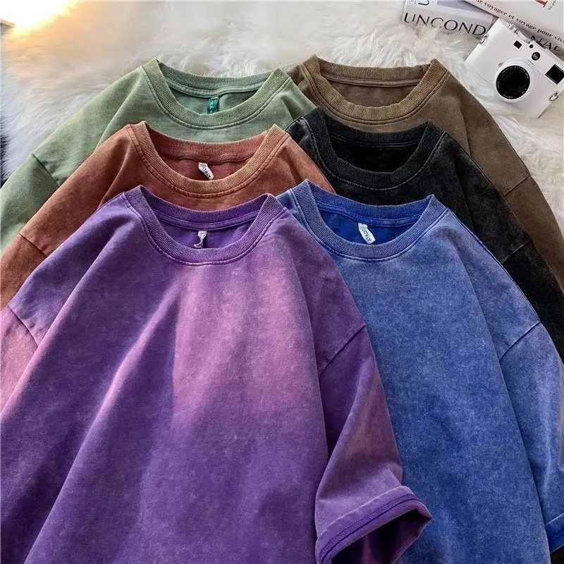 American Style Retro Heavyweight Solid Color Short Sleeved T-shirt Men Women Summer Street Trendy Washed Old Oversized Clothes photo 6
