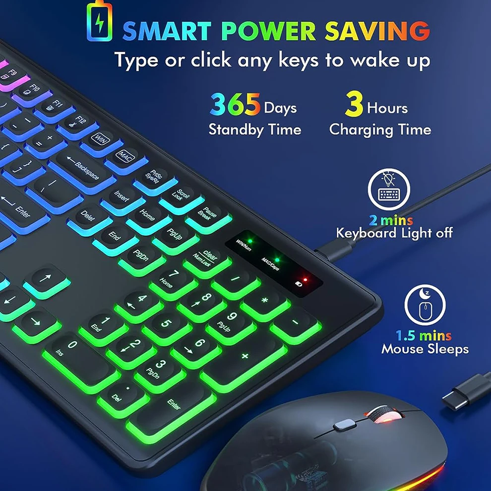 JOMAA 2.4G Wireless Keyboard Mouse Combo RGB Backlit Rechargeable Full-Size Ergonomic Type-c Wireless Keyboard Mouse Set photo 4