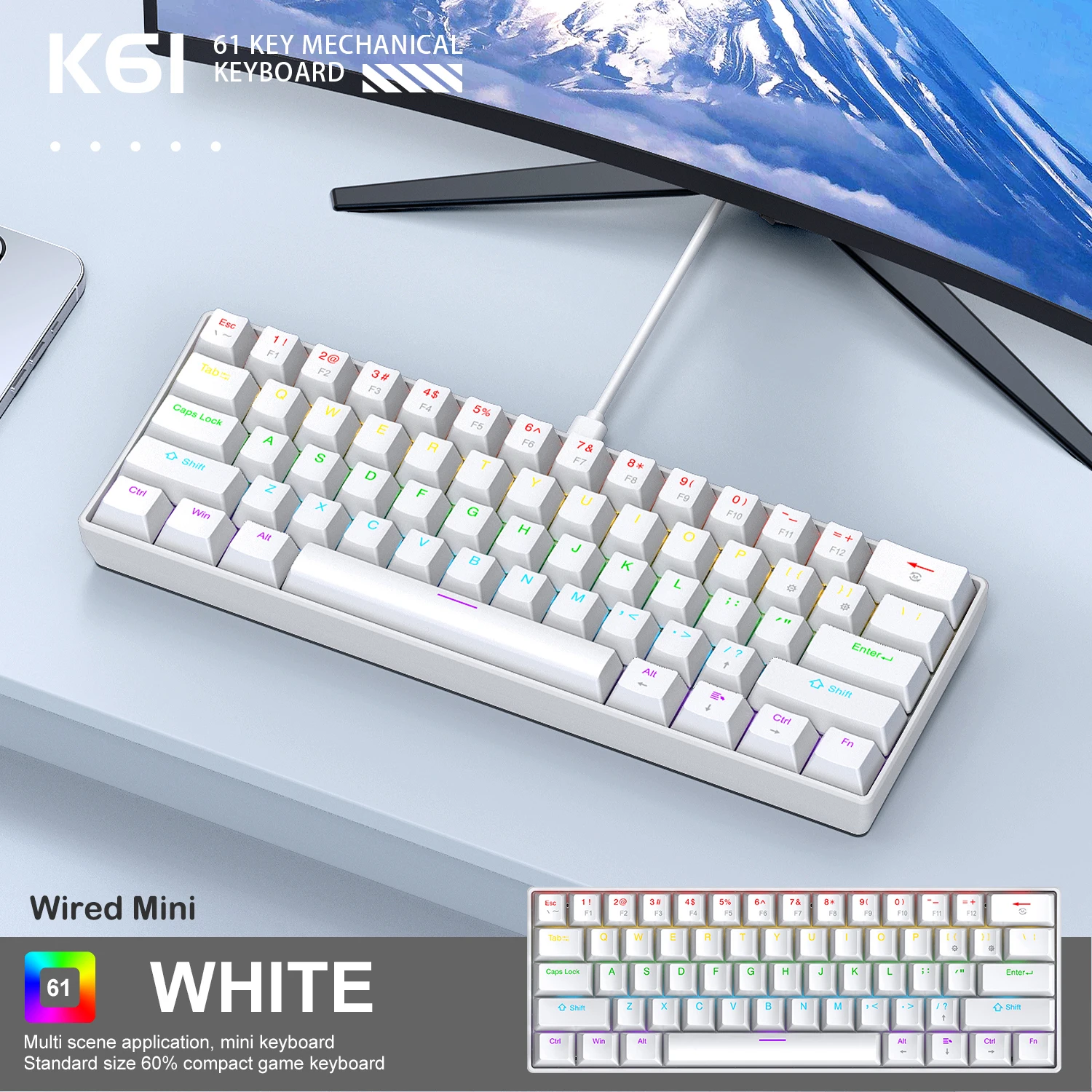 K61 60% Mechanical Keyboard Wired RGB, 61 Keys Mini Gaming Keyboard, Phantom RGB, Red/Blue Switch, Ergonomic, Portable for Gamer photo 1