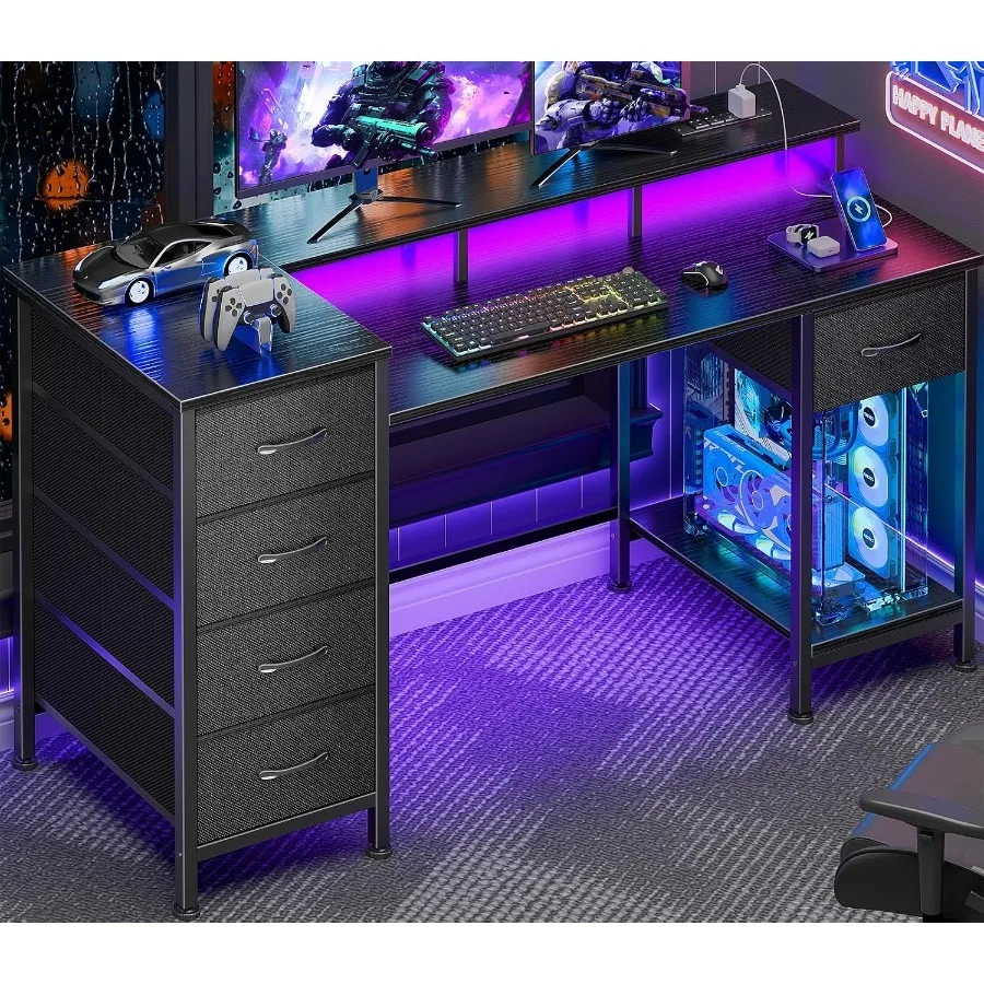 Gaming Computer Desk with Power Outlets, LED, 5 Drawers photo 1