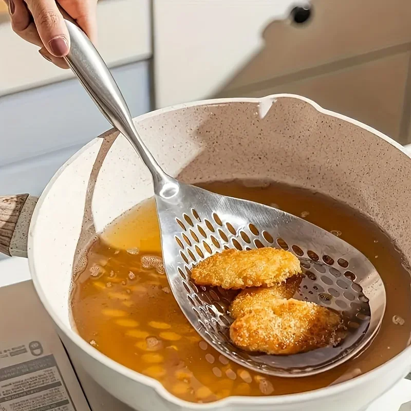 1pc Large Durable Stainless Steel Colander Skimmer Spoon, Heavy Duty Food Strainer Spoon  for Frying & Cooking, Kitchen Utensils photo 2