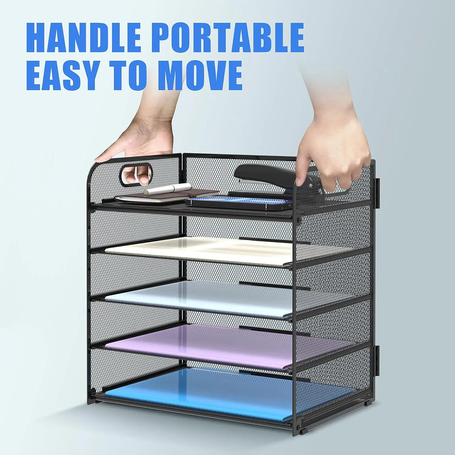 5 Trays Paper Organizer With Handle - Mesh Desk File/Letter Organizer, Black Paper Sorter For Office, Home Or School photo 4