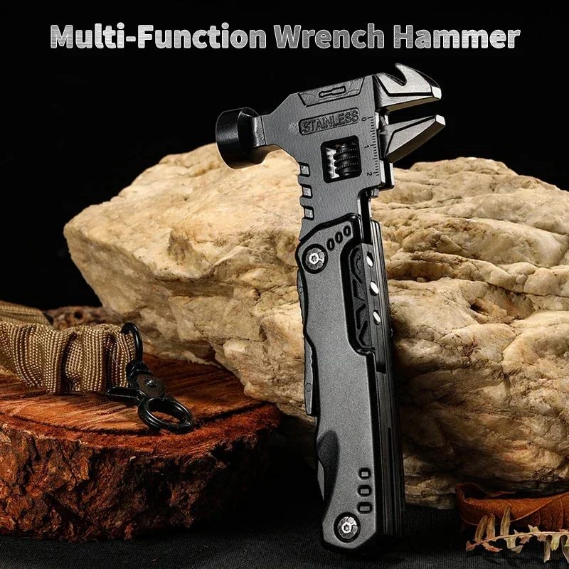 Portable EDC Survival Multi-Tool, 15-in-1 Hammer Wrench Pliers Tool Bottle Opener with Sheath for Hiking Outdoor Camping photo 1