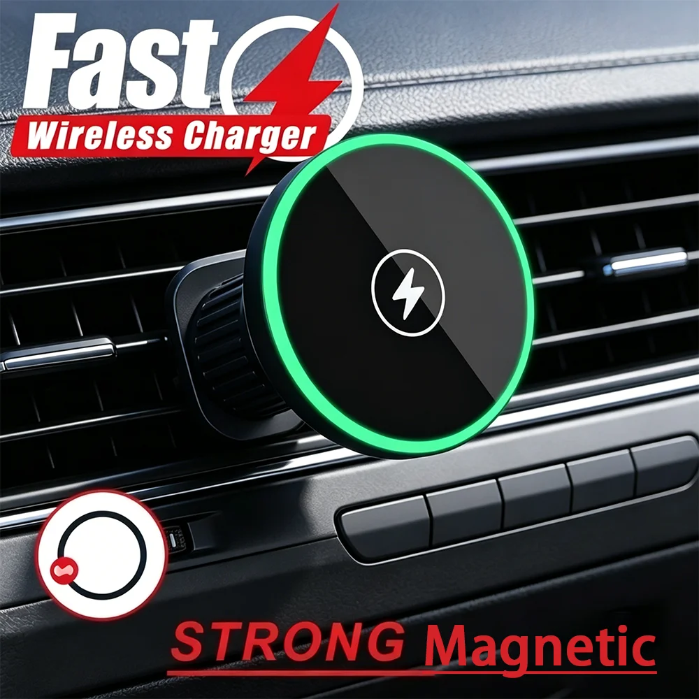 30W Fast Charging Magnetic Car Wireless Charger, LED Light Phone Mount Holder for iPhone 12, 13, 14, 15，16，17， Pro Max photo 2