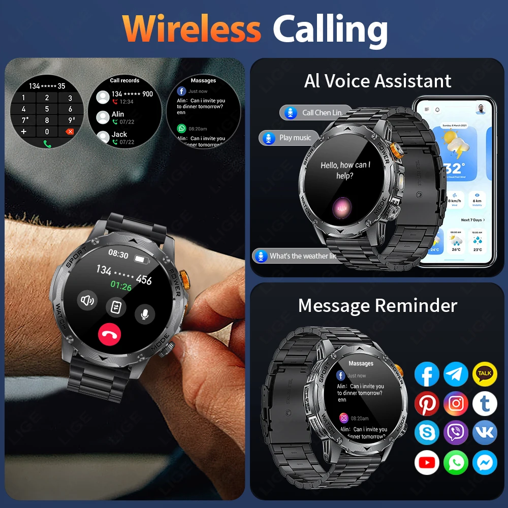 LIGE New Smart Watch Men 1000mAh Large Capacity Battery Outdoor Flashlight Bluetooth Call Waterproof Sport Fitness Smartwatch photo 4