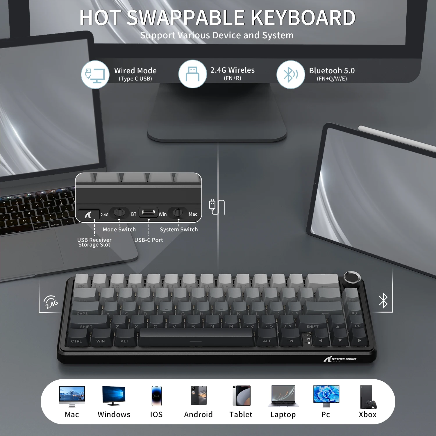 ATTACK SHARK X66 65% Wireless Mechanical Keyboard with Knob, 66 Keys Tri Mode Gasket Hot Swap RGB Gaming Keyboard 60 Percent,PBT photo 5