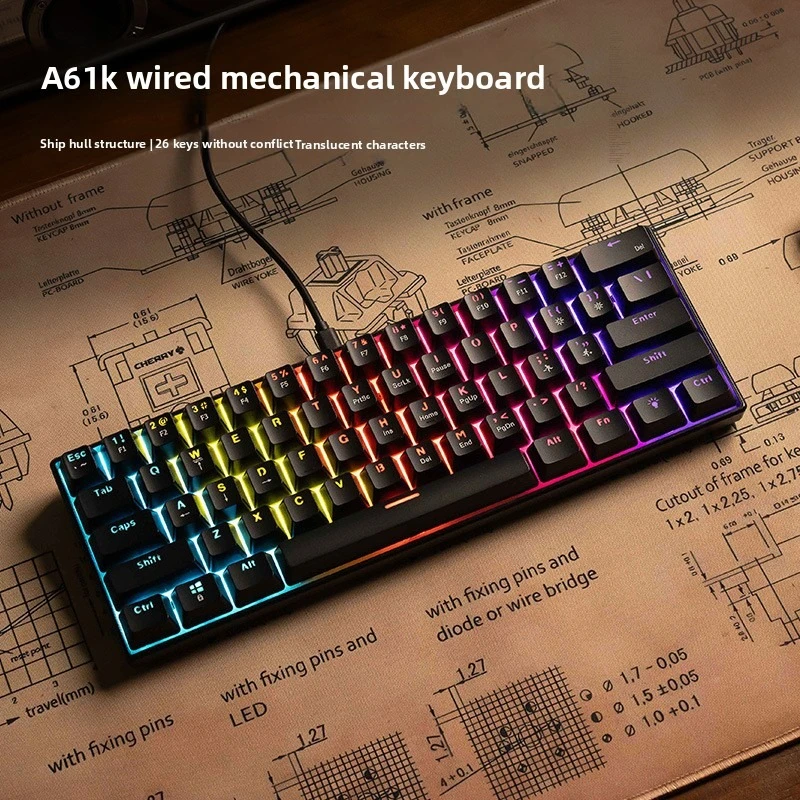 Teclado 60% Keyboards Mixed Light Mechanical Keyboard PC USB Wired Game E-Sports Office Computer Convenient 61 Key Caps Keypad photo 1