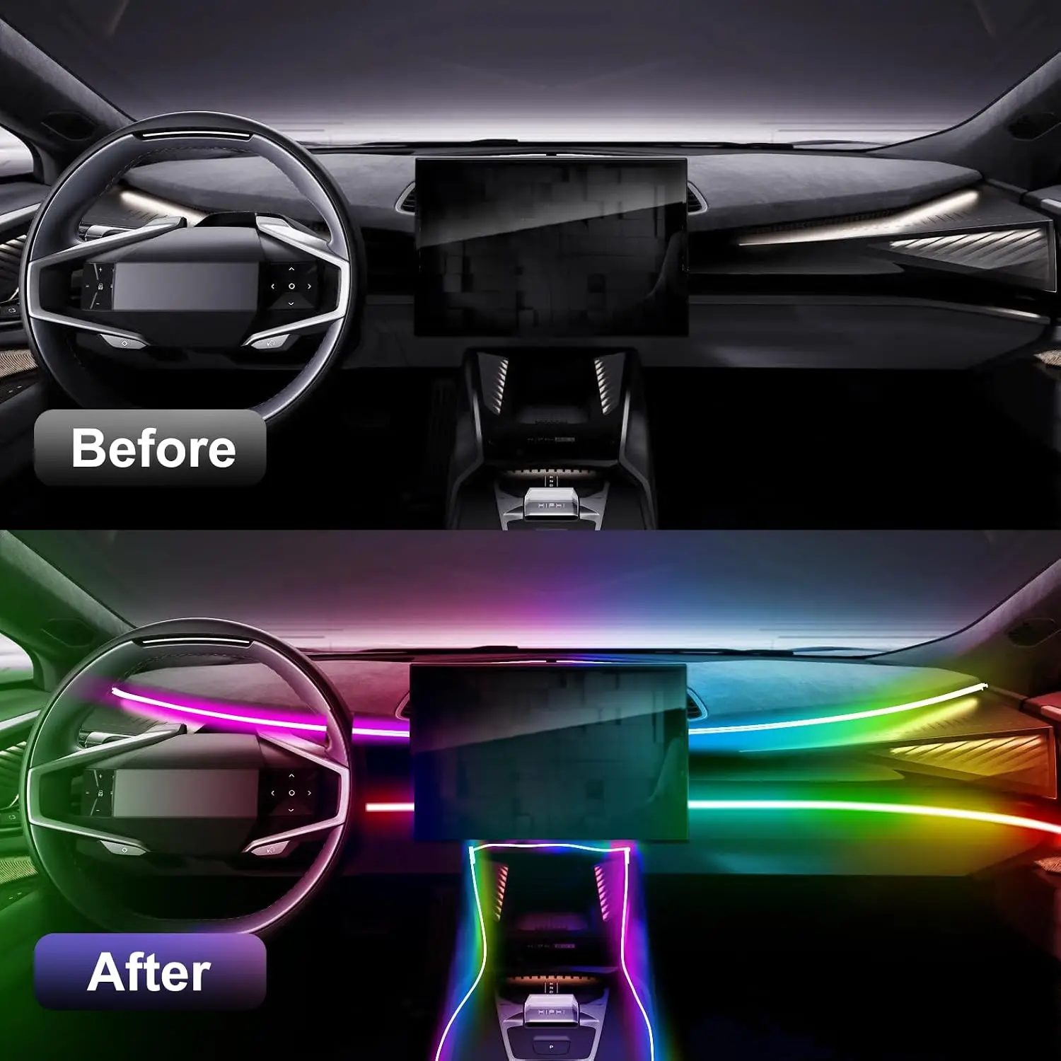 2/6 in 1 Car Interior LED Ambient Lighting Kit, USB Powered Flexible Neon Strip, APP Control RGB Sound Music Sync, Car Center Console Dashboard Atmosphere Lights photo 4