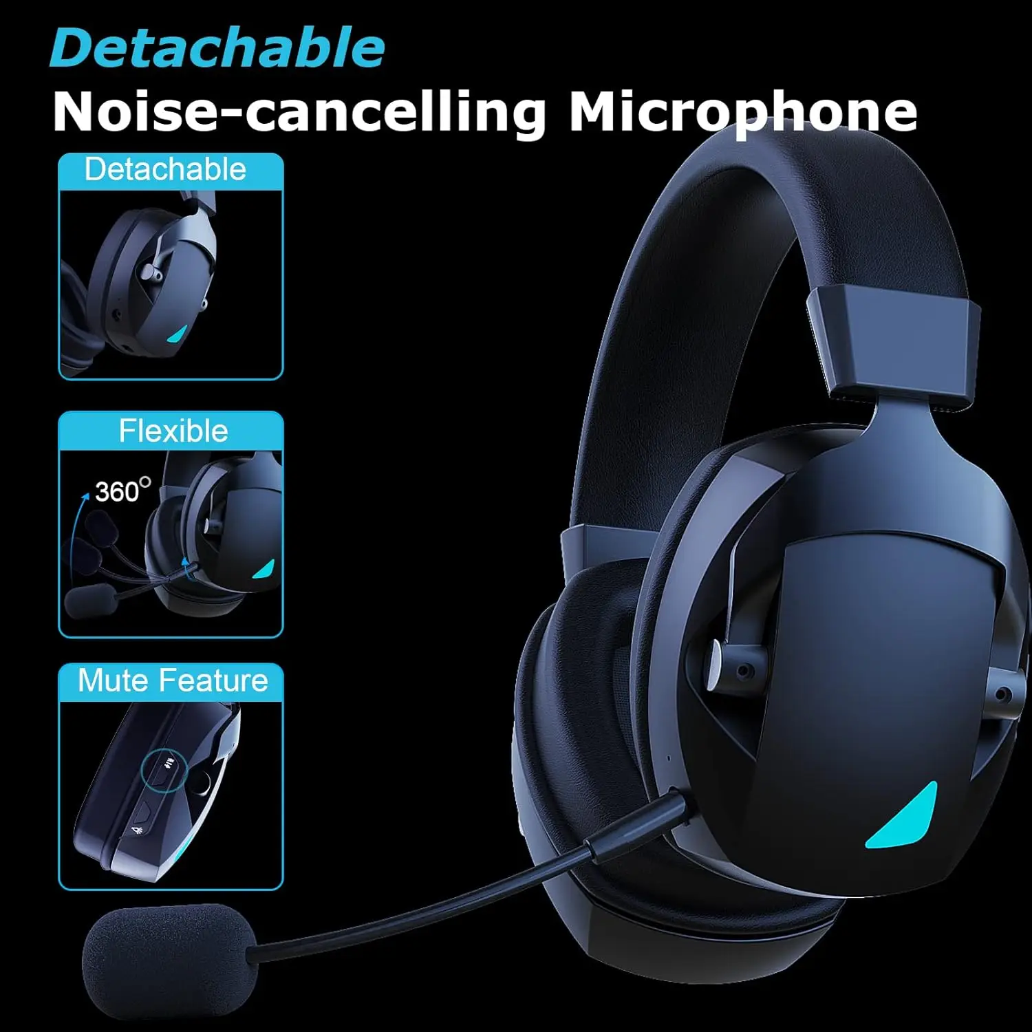 Gaming Headset with Detachable Noise Cancelling Microphone,2.4G Bluetooth-USB-3.5mm Wired Jack 3 Modes for Multi-device photo 5