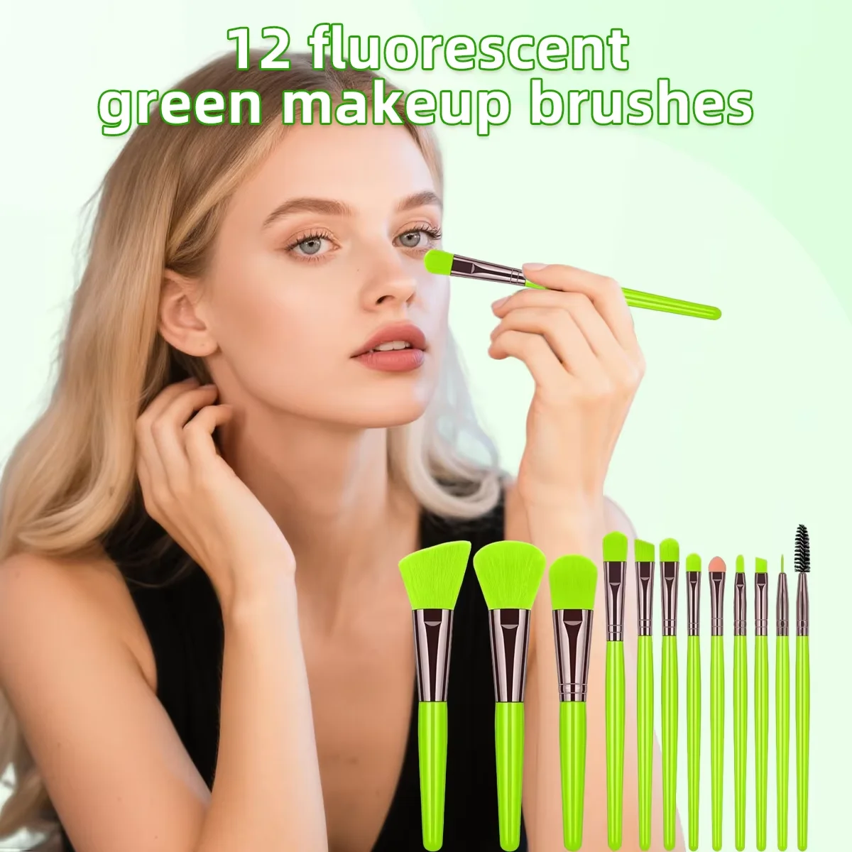 12PC High-Value Fluorescent Green Makeup Brush Set Soft Bristle No Shed Easily Must Have for Applying Foundation Blush Eyeshadow photo 1