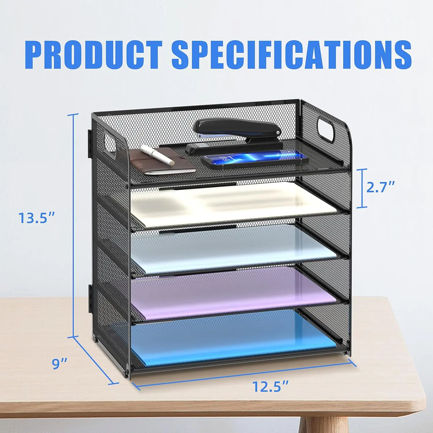 5 Trays Paper Organizer With Handle - Mesh Desk File/Letter Organizer, Black Paper Sorter For Office, Home Or School photo 5