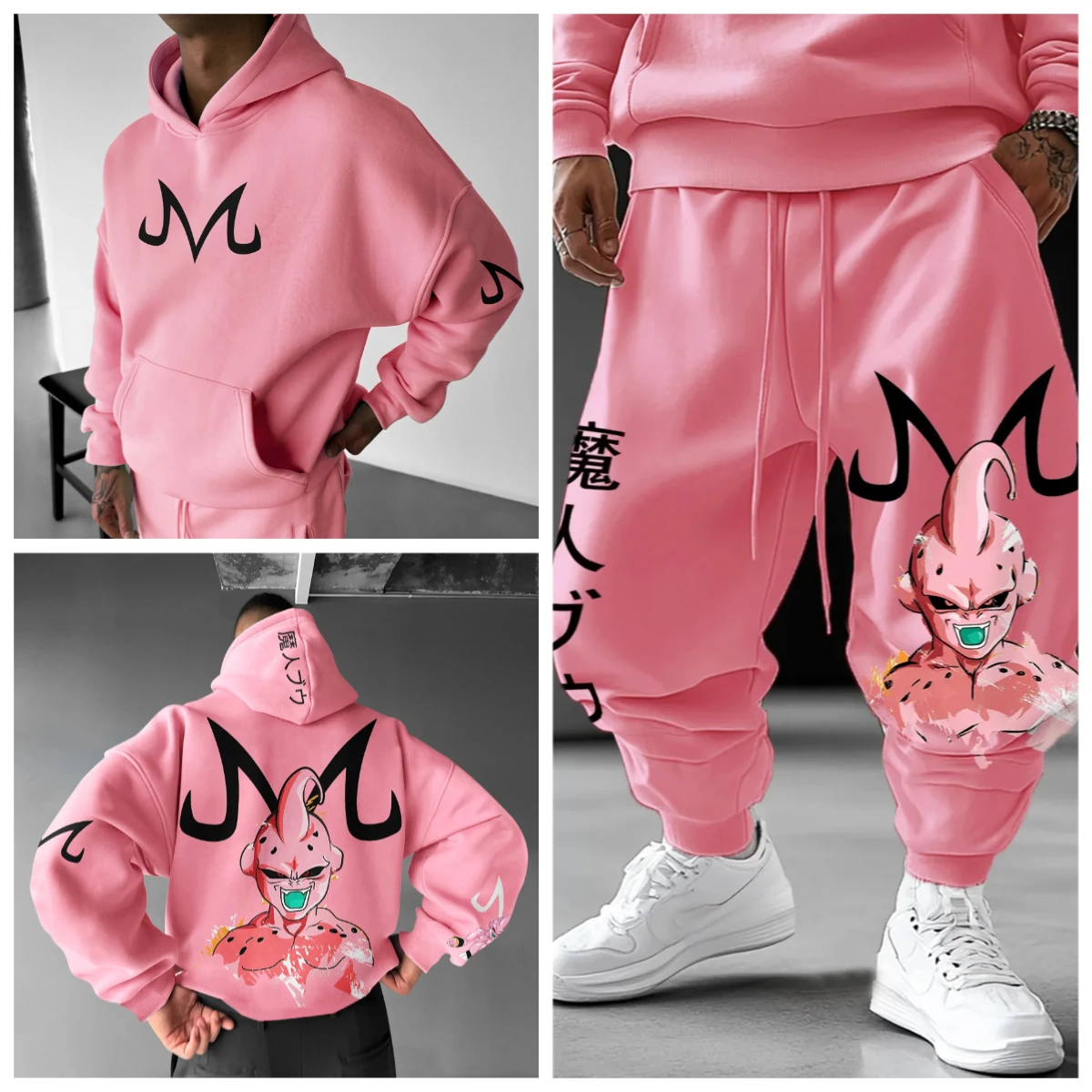Majin Buu Hoodie Pants Set Anime Cotton Loose Fit Graphic Print Streetwear Casual Sweatshirt Joggers Japanese Cartoon Character photo 1