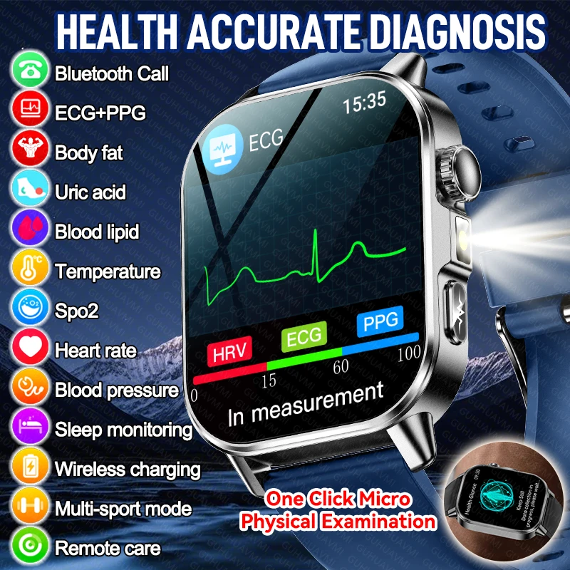 New Men Accurate Health Diagnosis ECG Smart Watch Blood Pressure Blood Oxygen Blood Fat Uric Acid Temp Bluetooth call Smartwatch photo 1