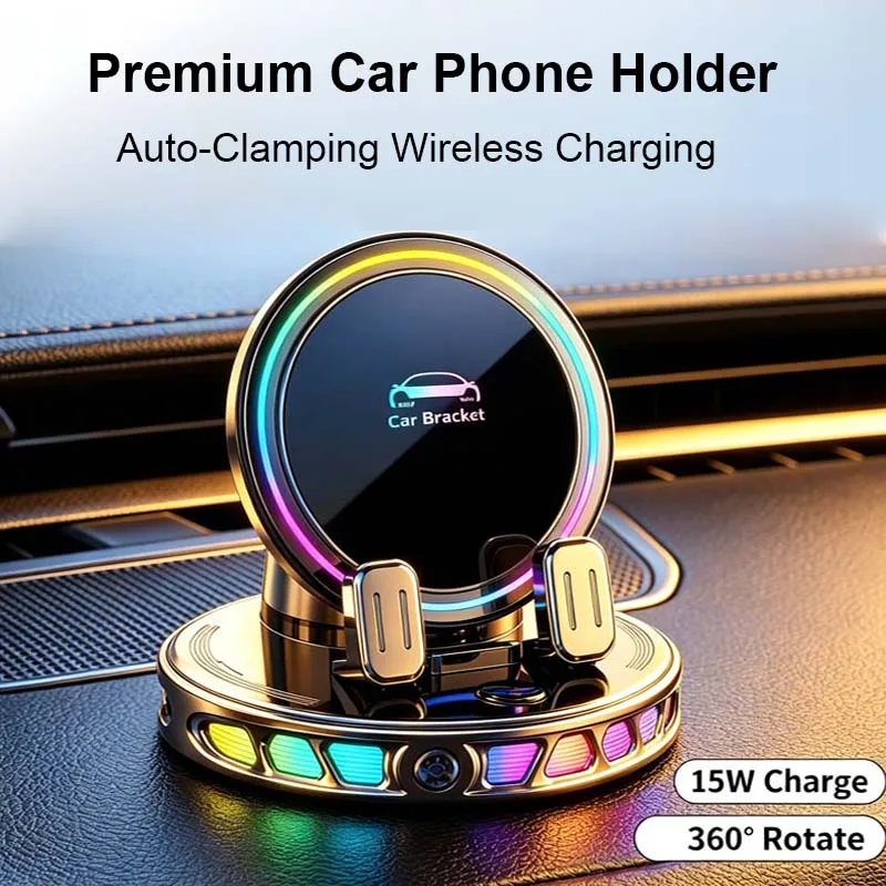 Auto Clamping Car Mobile Cell Phone Holder Support For Mobile Wireless Charger For Car Dashboard Mount With RGB Light photo 5