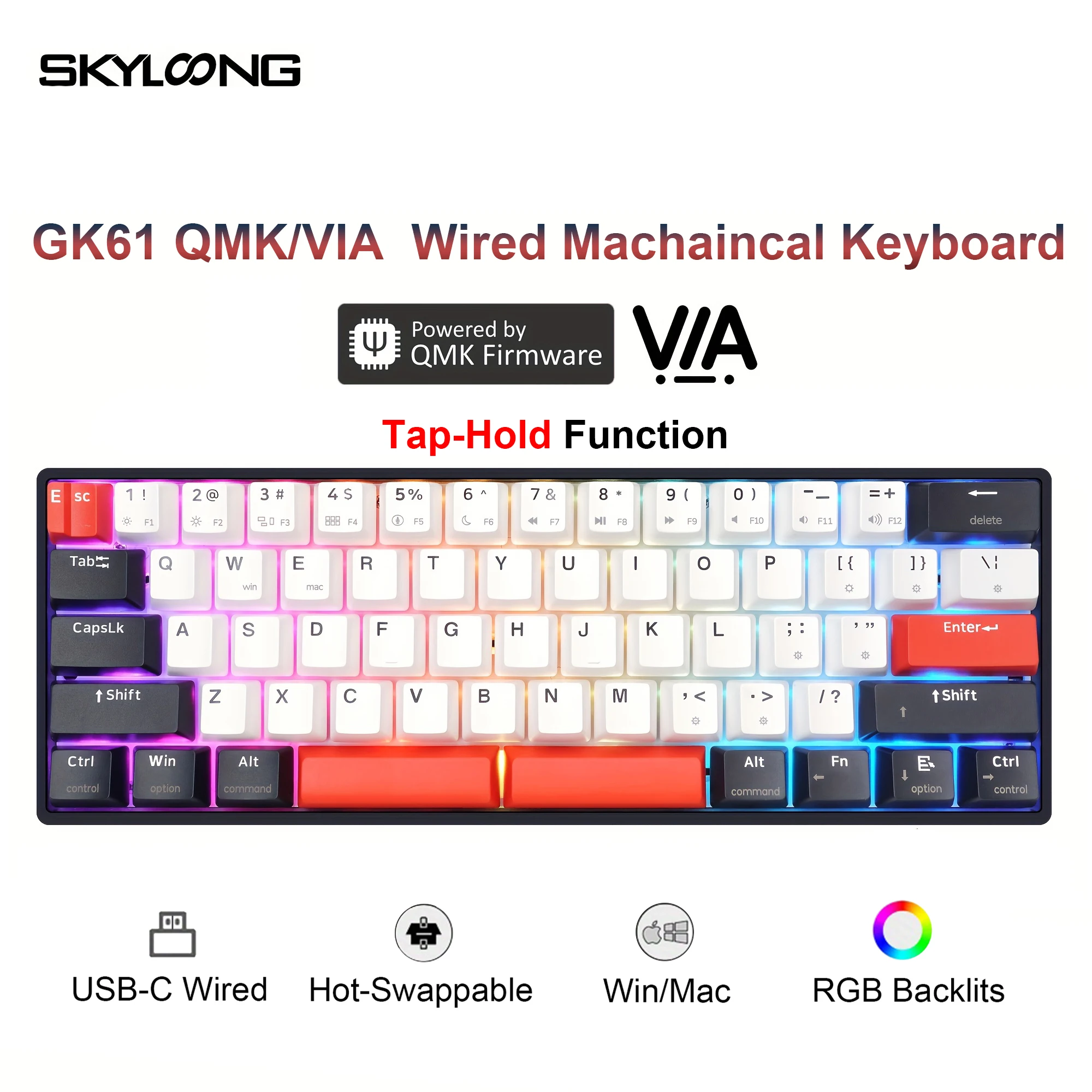SKYLOONG GK61 QMK/VIA Wired Keyboard RGB Backlight USB Gaming Mechanical Keyboard Silent Tactile Switch Hot Swappable PBT Keycap photo 1