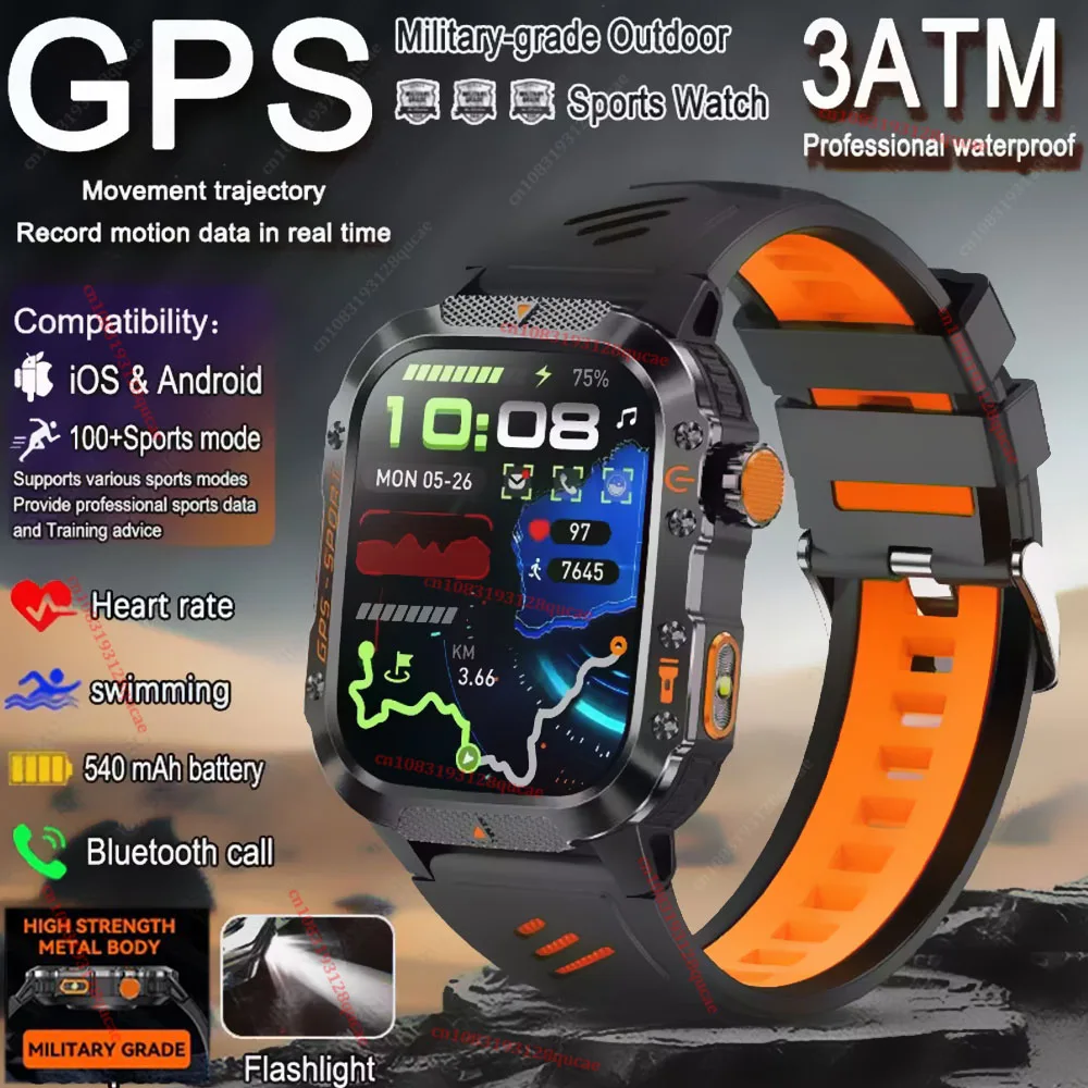 2026 Military Outdoor Smart Watch Men's GPS Flashlight Bluetooth Call 2.01" AMOLED Screen 3ATM Waterproof Sports Smartwatch Ht30 photo 1