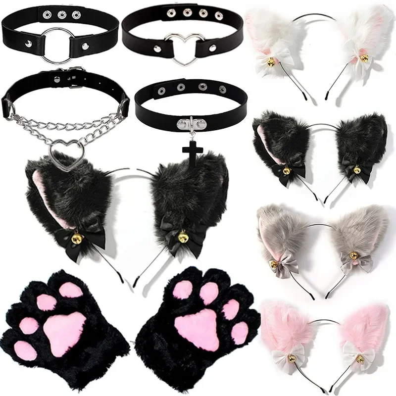 Cat Ear Bow Headband Necklace Cat Claw Gloves Cosplay Plush Bell Hairband Women Girl Masquerade Party Headwear Hair Accessories photo 4