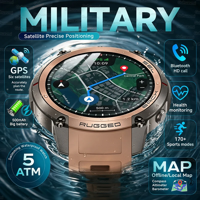 2026 Military Satellite Offline Map GPS Smart Watch Men 1.43''AMOLED Bluetooth Call Compass 5ATM Waterproof 170+Sport Smartwatch photo 1