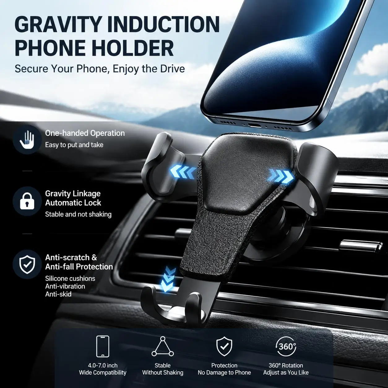 Heavy Duty Gravity Car Phone Mount Air Vent Clip Universal Shockproof Anti Shake Mobile Phone Holder One Hand Quick Pick Place Strong Grip Cradle Stand For Samsung Android Smartphone 360 Rotation Adjustable Easy Installation Secure Fit Car Vent Mount photo 1