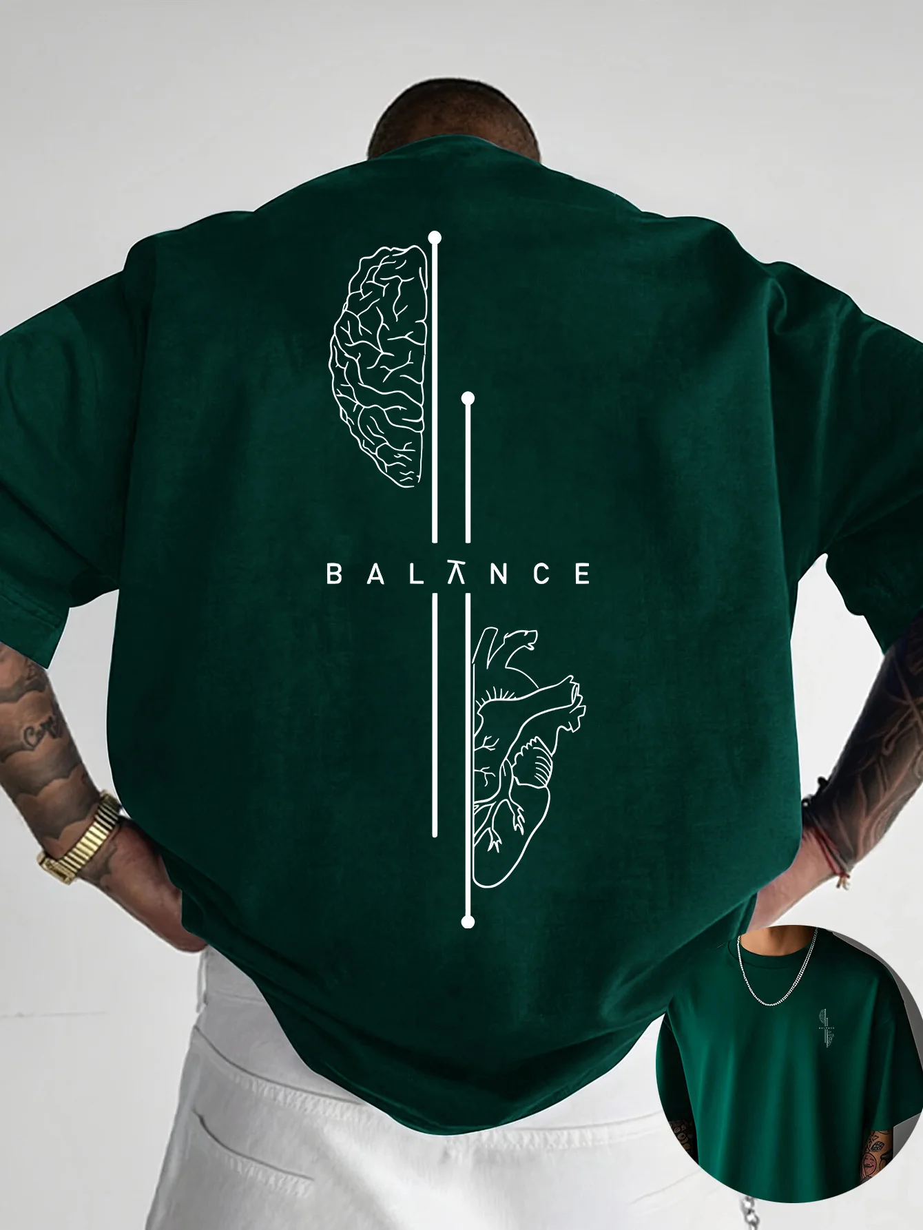 Brain and Heart Line Art Graphic Print 100% Cotton Mens T Shirt for Summer Streetwear Has A Sleek Minimalist Modern Aesthetic photo 1