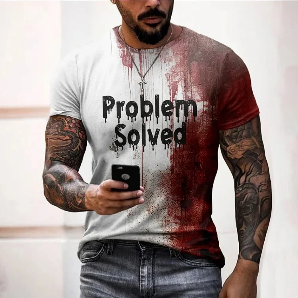 Men's T Shirts Problem Solved Bloody Print Tees Fashion Horrible Halloween Short Sleeve Casual Round Neck Oversized T-shirt Tops photo 5