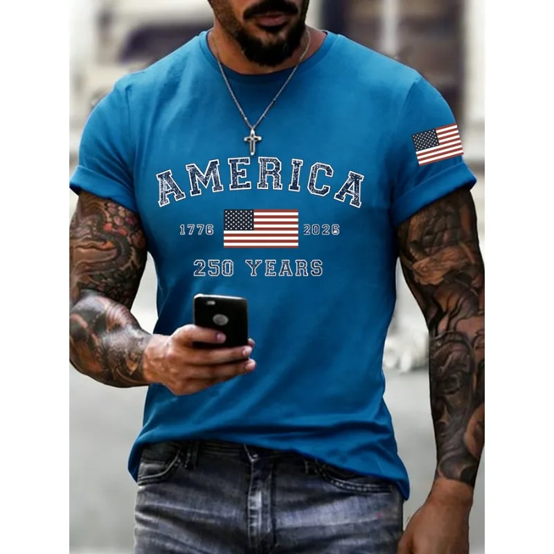 ilstile Men's America 250 Years Print T-Shirts Summer Short Sleeve Casual T Shirt Round Neck Tops Black White Tees Hot Sale photo 3
