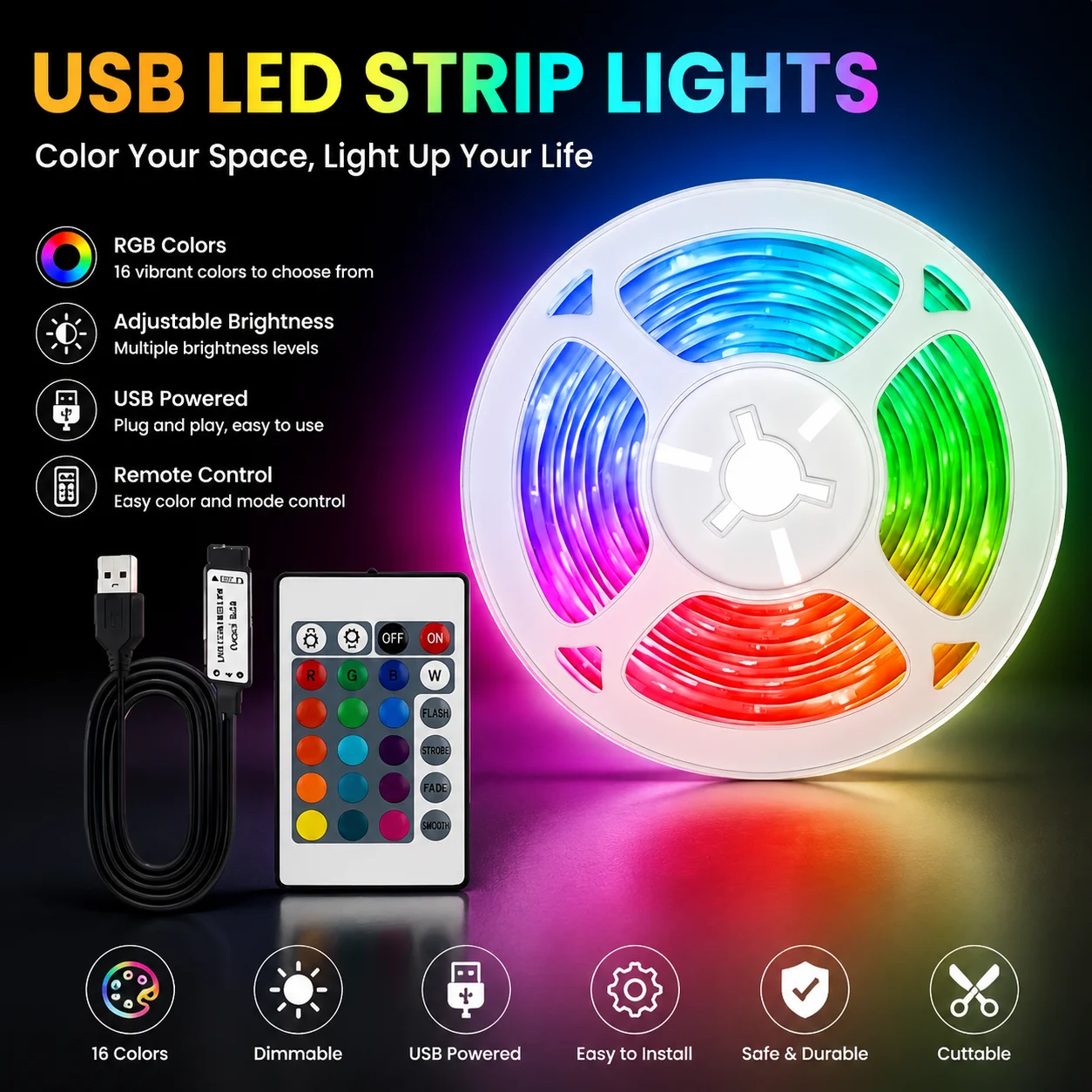 24‑Key IR Remote RGB LED Strip Light USB Flexible Color Changing LED Tape for TV Backlight DIY Bedroom Holiday Party Home Decor. photo 1