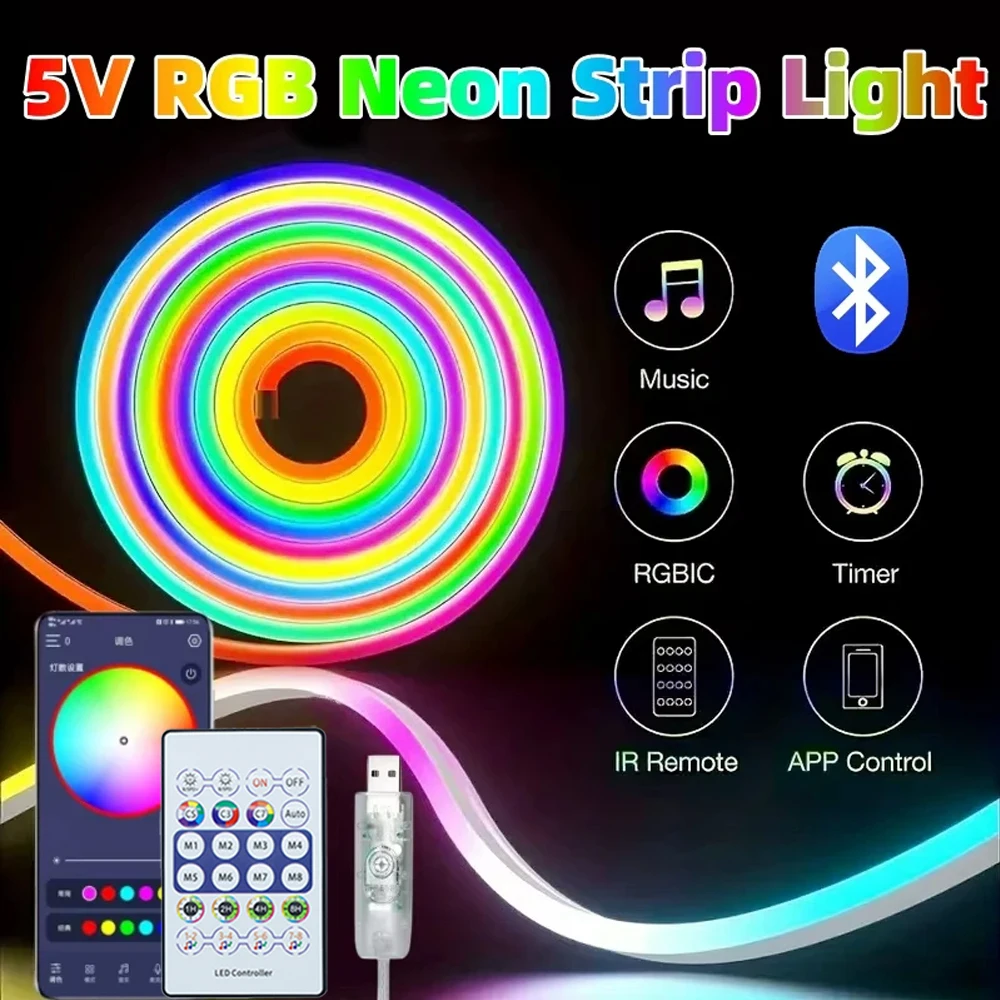 RGB Flexible LED Strip Lights USB Neon Rope Lights Remote App Control Music Sync Color Change Gaming Room Party Decor DIY Design photo 1