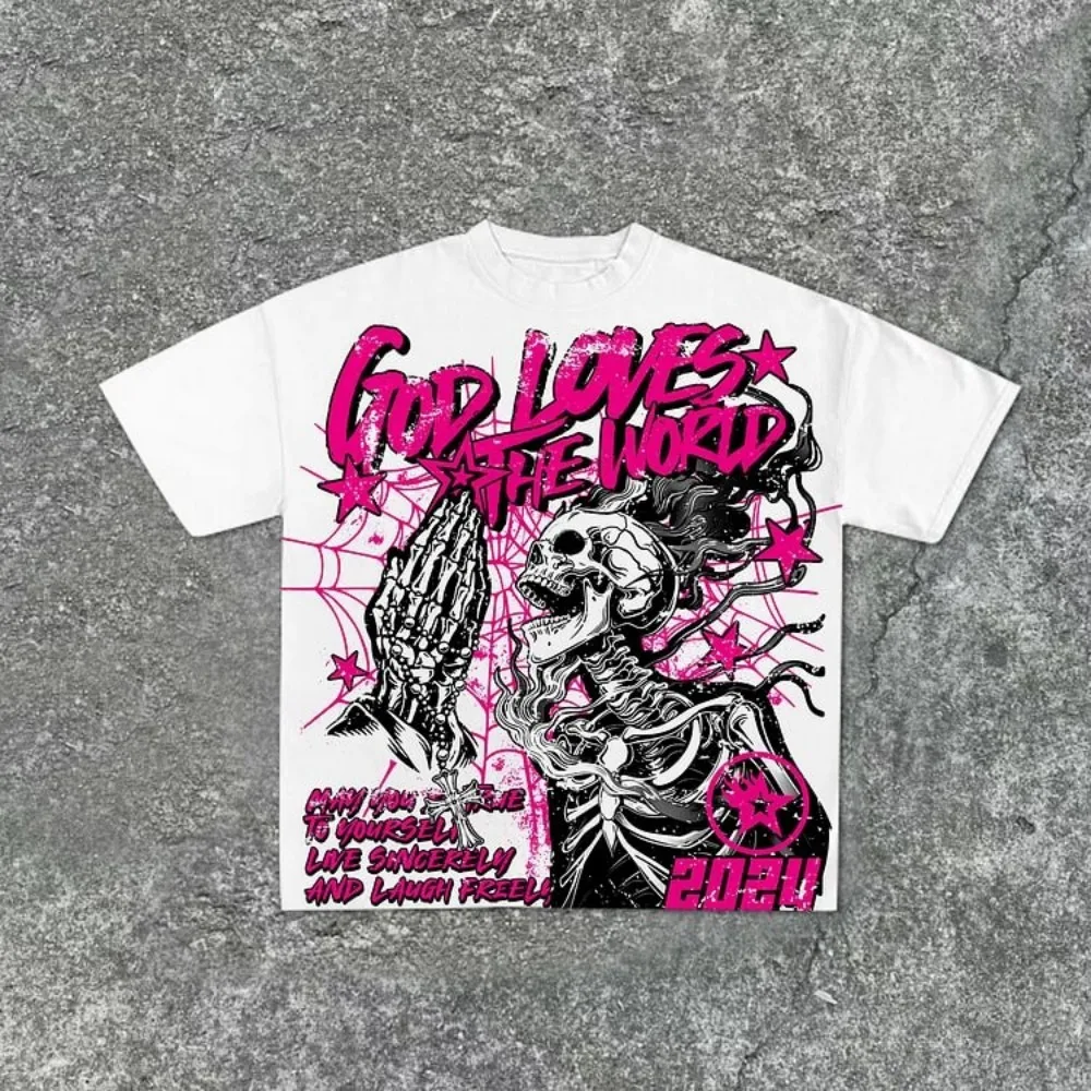 Summer men's fashion style skull print comfortable and breathable with round neck T-shirt outdoor warning top photo 1