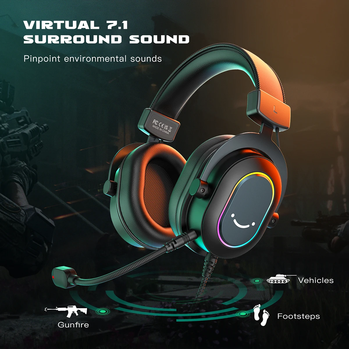 Fifine Dynamic RGB Gaming Headset with Mic Over-Ear Headphones 7.1 Surround Sound PC PS4 PS5 3 EQ Options Game Movie Music photo 2