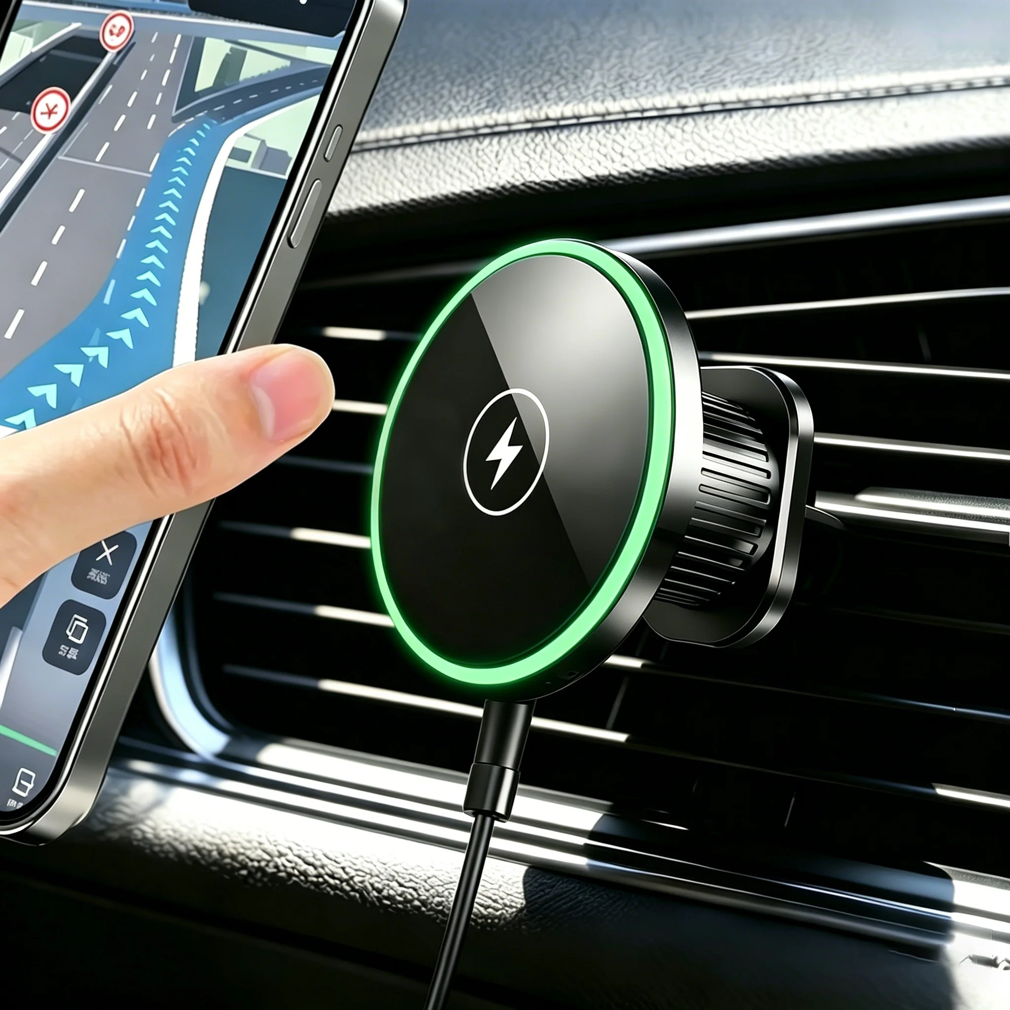 Car Magnetic Phone Holder 15W Magnetic Wireless Charger Phone Mount  LED Lights Magsafe Charger for iPhone Samsung Xiaomi photo 1