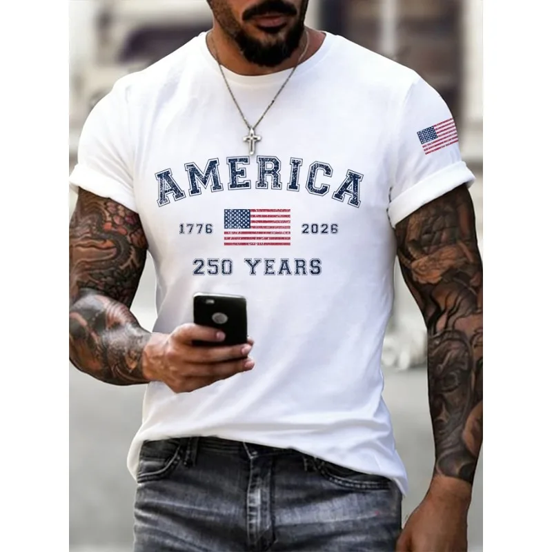ilstile Men's America 250 Years Print T-Shirts Summer Short Sleeve Casual T Shirt Round Neck Tops Black White Tees Hot Sale photo 1