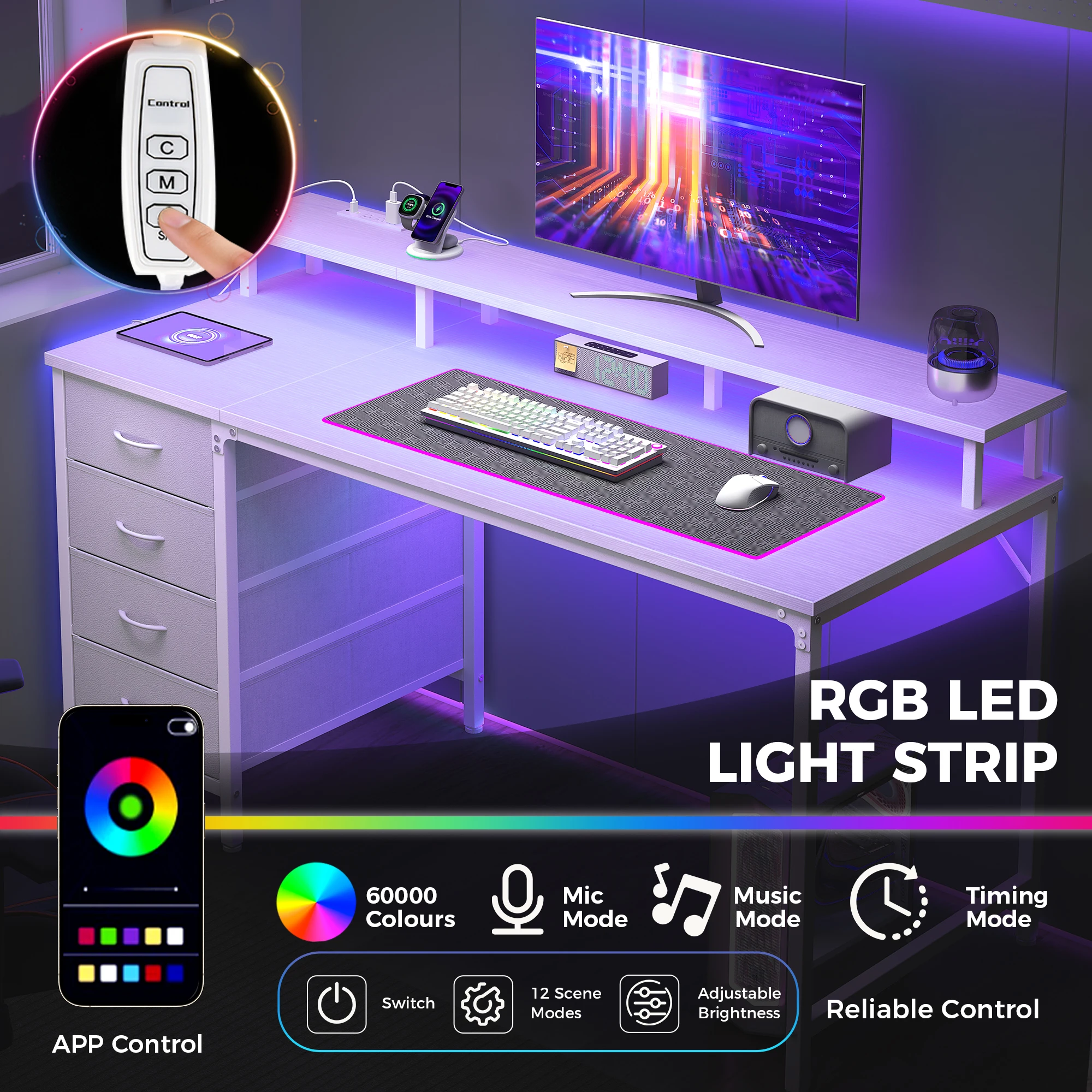 JHK 40In to 47In Gaming Computer Desk with 4 Storage Drawers Wood Office Desks with Power Outlets and LED Lights for Home Office photo 2