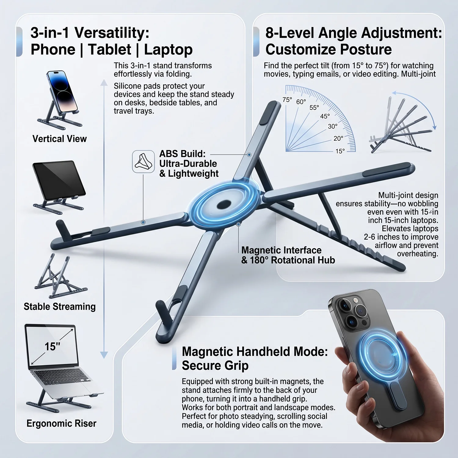Foldable Magnetic Laptop Stand ABS Plastic Portable Adjustable Stand Heat Dissipation Holder for Smart Phone Tablet Notebook photo 1