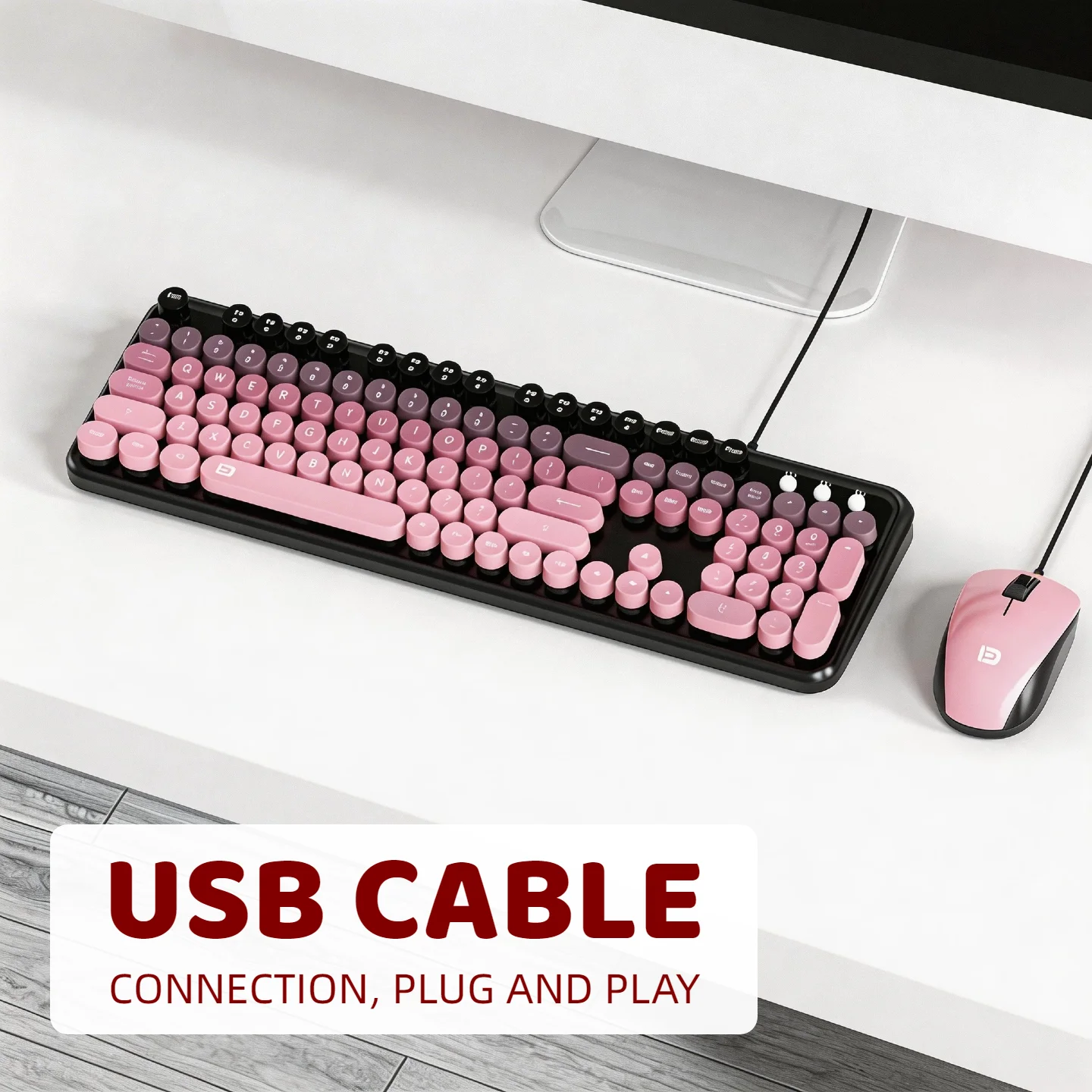 Retro Punk Round Keycap Wired Keyboard Mouse Combo Set 105 Keys USB Gaming Office Typewriter Style Mechanical Feel Pink Purple Gradient PC Laptop photo 5
