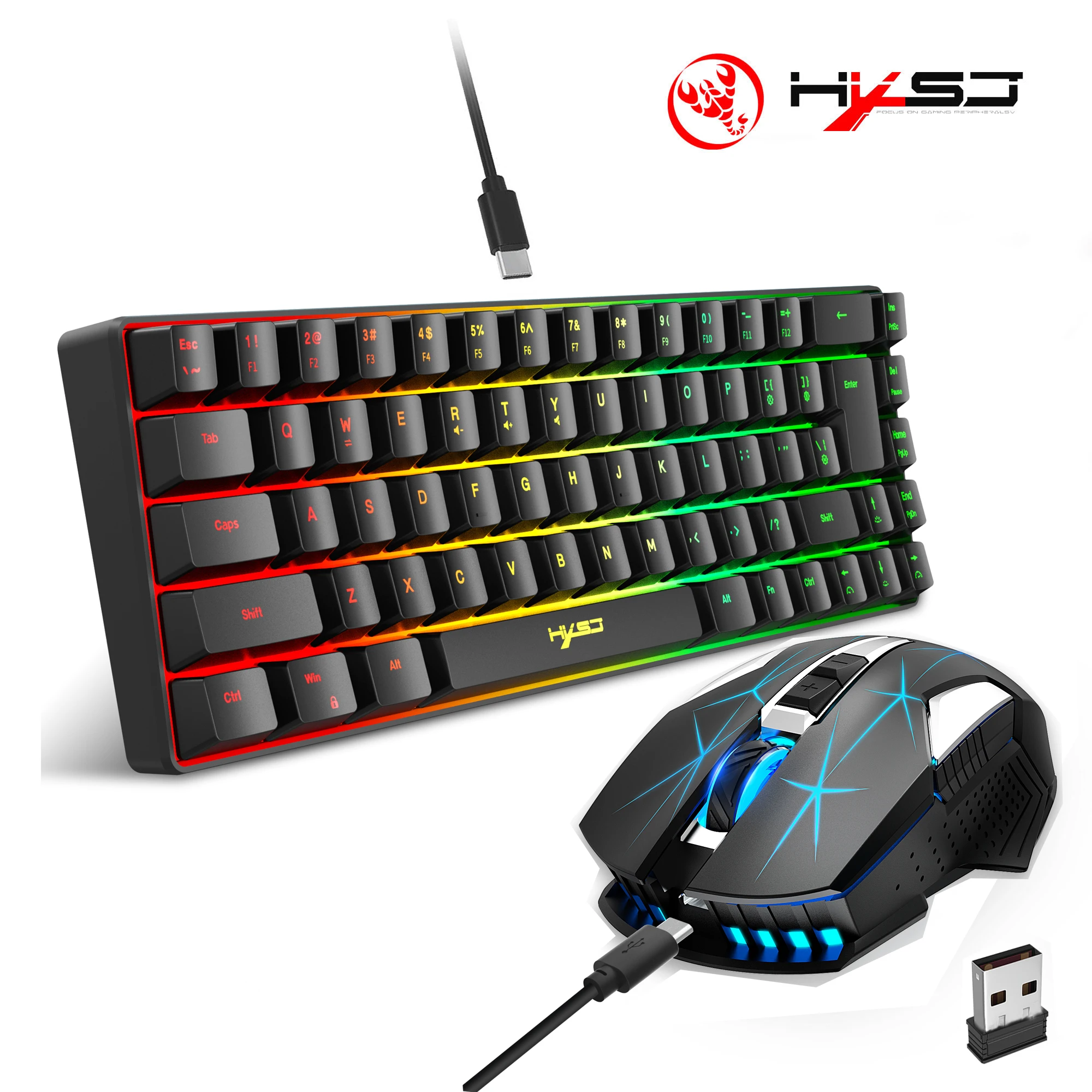 68-key gaming keyboard and mouse kit RGB backlit portable game wired membrane keyboards wireless mice mause for Home office photo 1