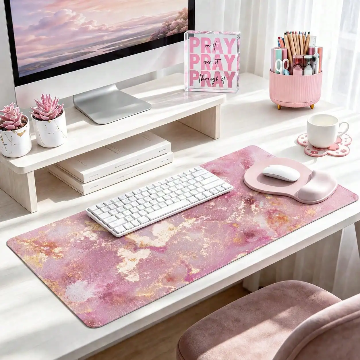 Desk Decor Set Of 7, Office Decor, Girly Desk Organizer And Accessories | Large Mouse Pad With Wrist Rest Set, Desk Accessories Decor, Office Supplies photo 1