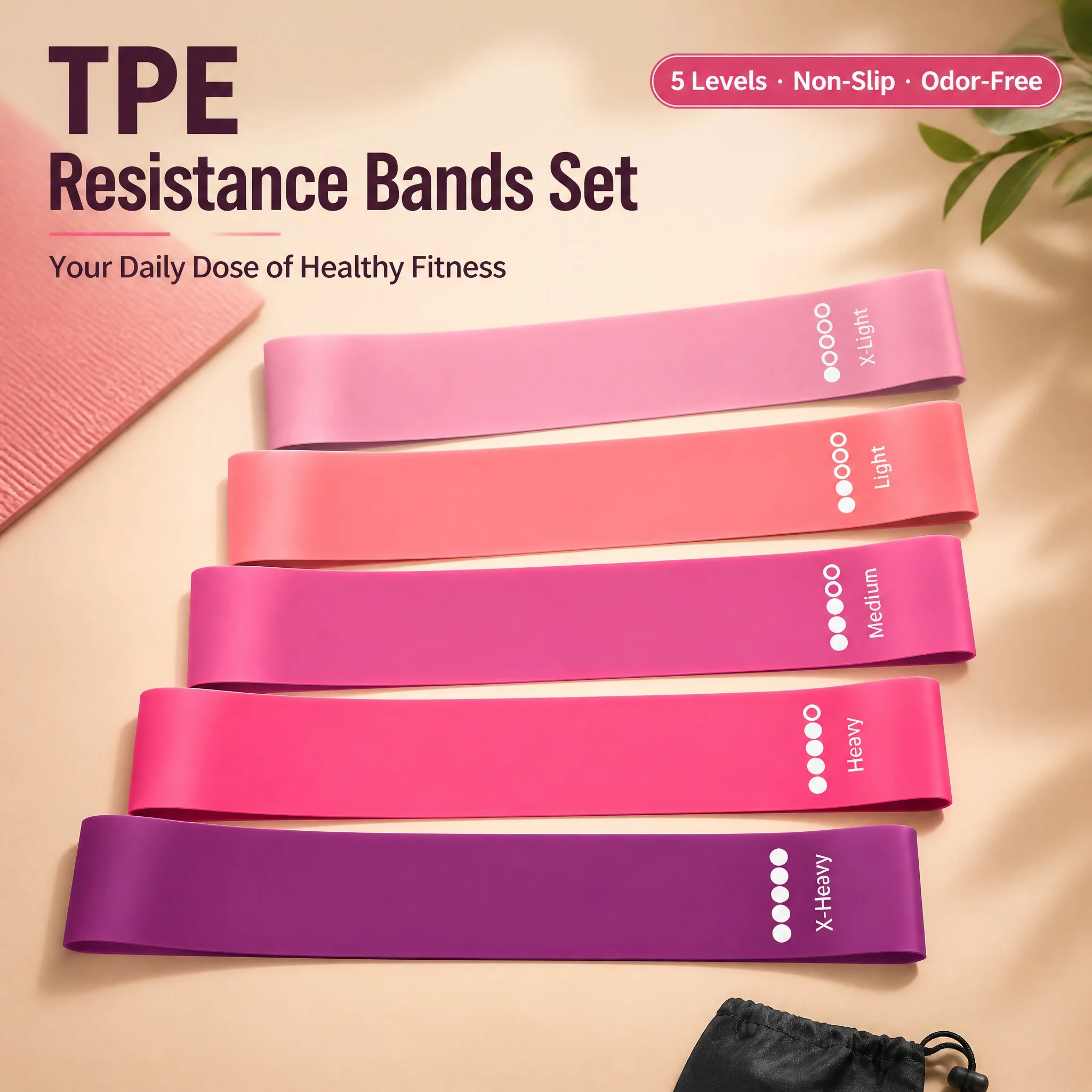 TPE Resistance Bands Set 5 Levels Non-Slip Exercise Booty Bands for Hip Legs Glutes Workout Yoga Fitness photo 1