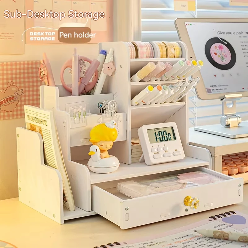 Mark Pen Pencil Holder Wooden Desk Organizers Shelves Accessories Desktop Stationery Organizer Bookshelf Home Office Storage Box photo 1