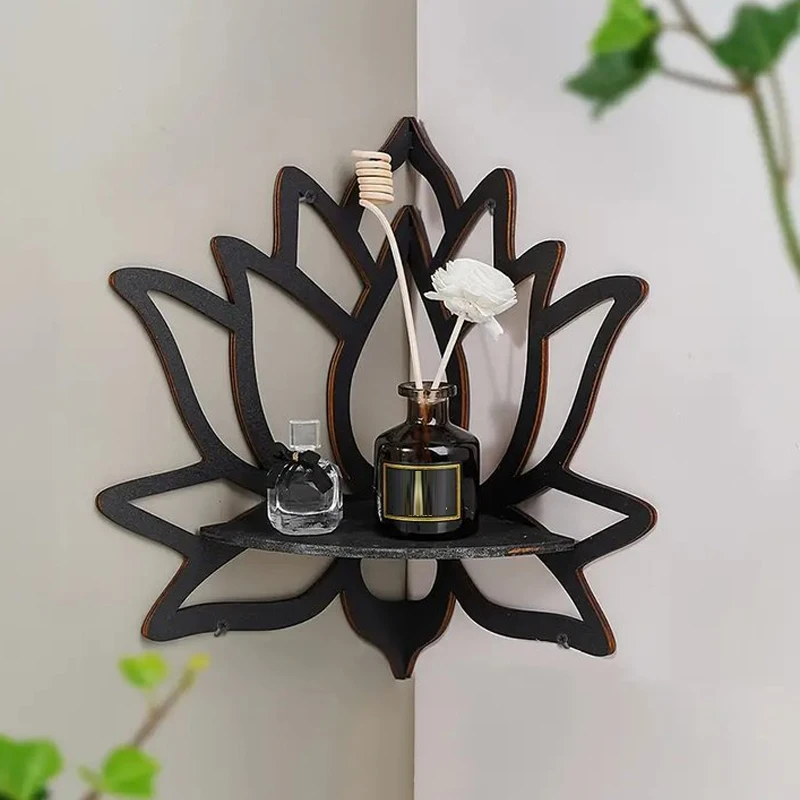 Wooden Lotus Hollow Decorative Rack Aromatherapy Organiser Essential Oil Candle Holder Wall Mounted Shelf Corner Shelf photo 5