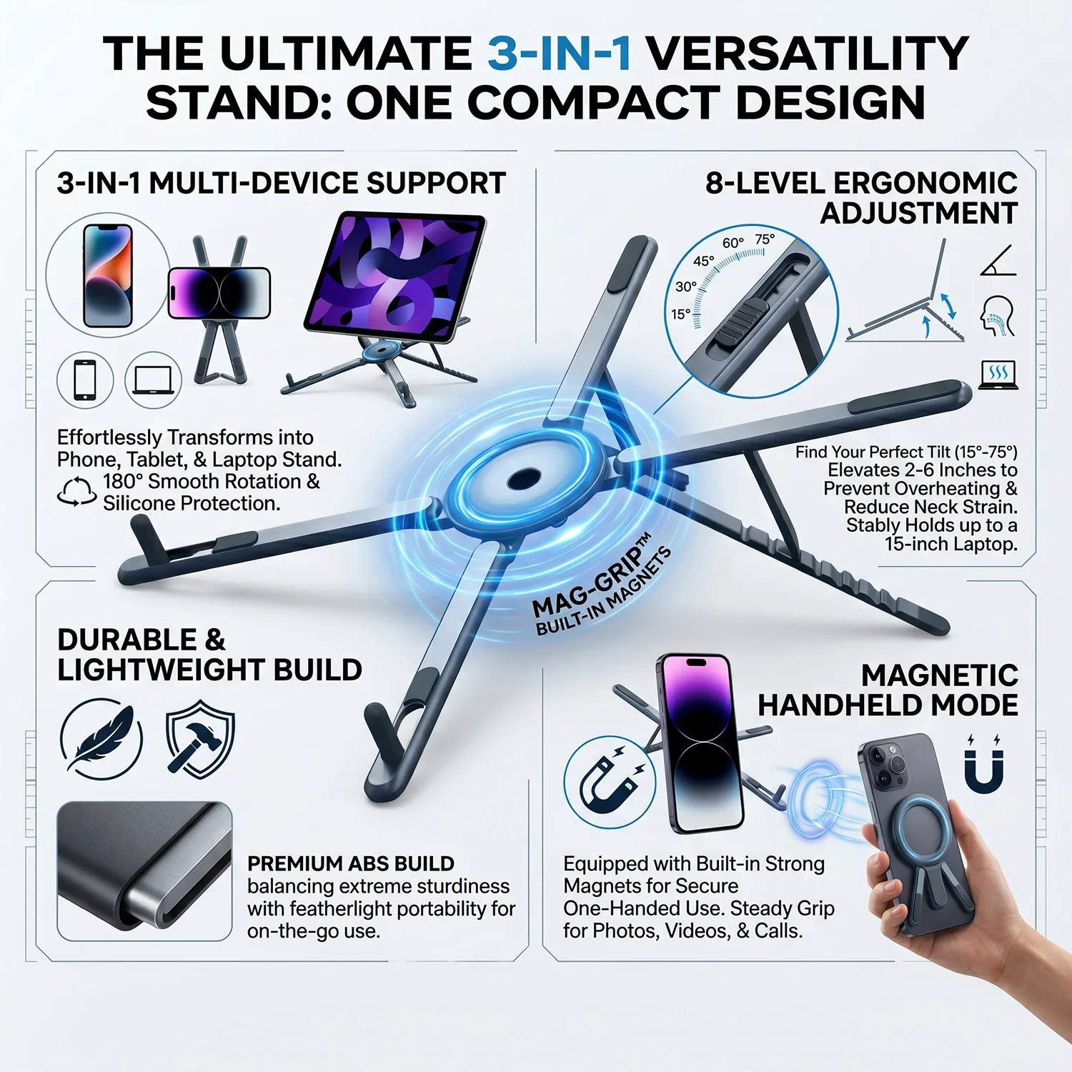 3 in 1 Foldable Laptop Stand Magnetic Phone Holder Portable Desk Mount with Tripod Handle for Pro iPad Travel Vlogging photo 1