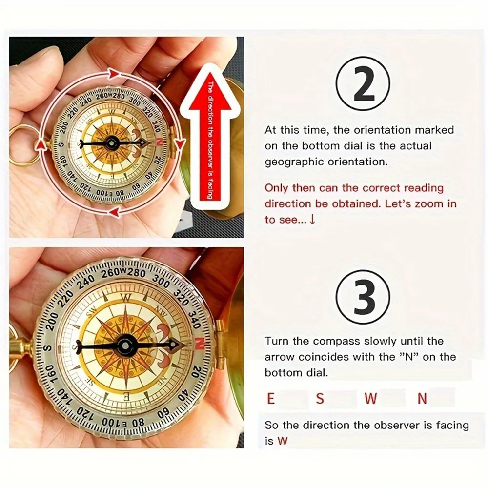 1U-1/2Pcs Brass Pocket Compass for Camping  Hiking Water-Resistant Handheld Navigation Device Outdoor Portable Orienteering Gear photo 4