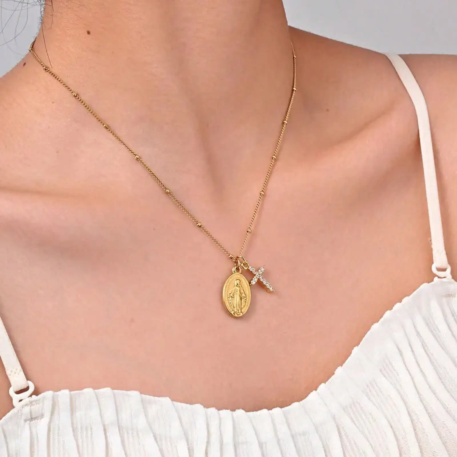 Cross Virgin Mary Pendant Necklace For Women,Stainless Steel Gold Plated Bead Chain Necklace, Religious Prayer Jewelry photo 1