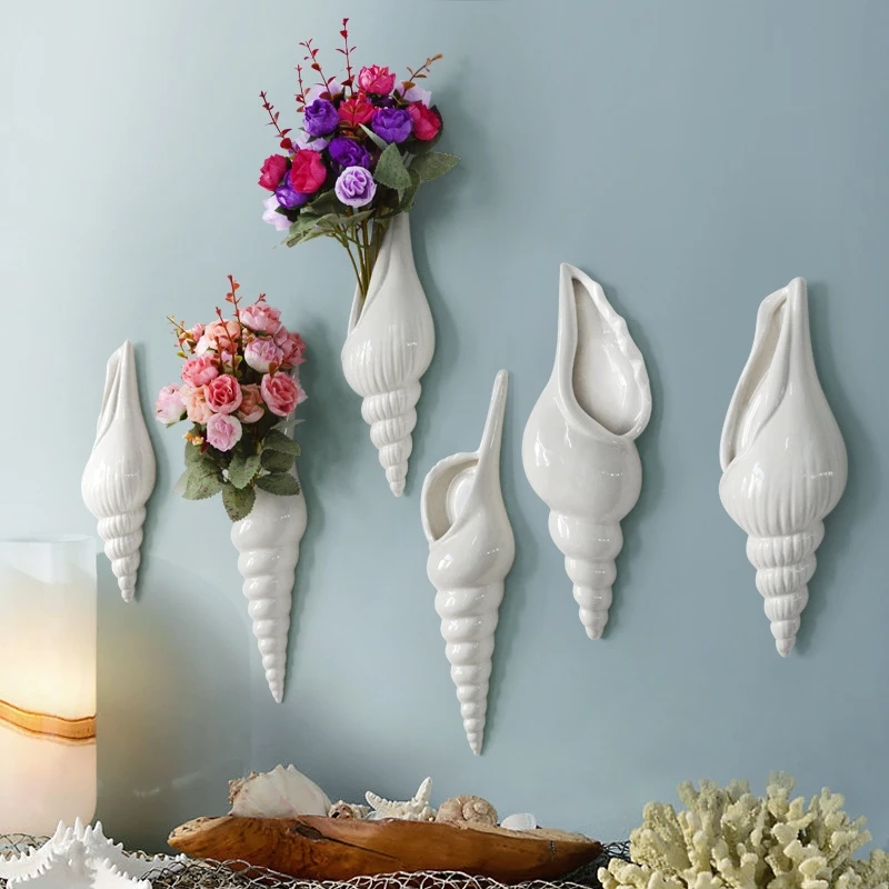 1Pc Amagogo Modern White Ceramic Sea Shell Conch Flower Vase Wall Hanging Home Decor photo 1