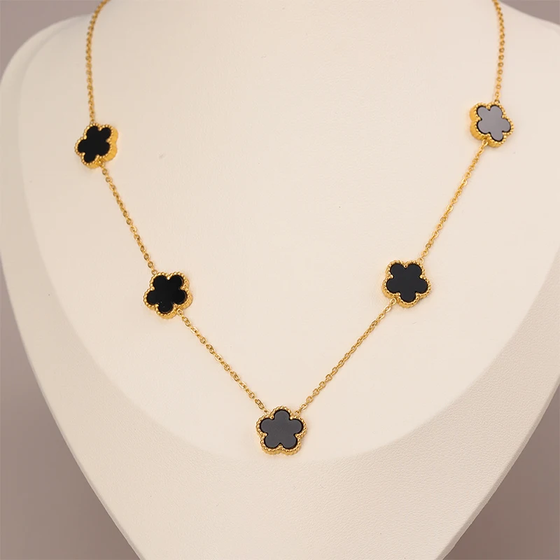 14K Gold Plated Stainless Steel Necklace Woman Five Leaf Petals Double Sided Necklaces for Women Pendant Flower Clover Jewelry photo 2