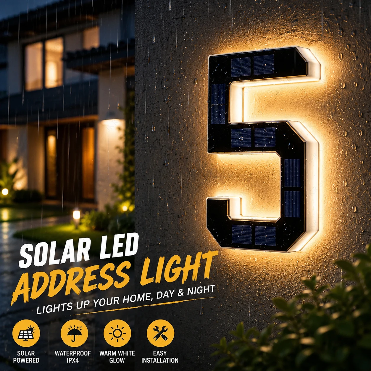 Solar LED House Number Sign Waterproof Address Light Plate with Sensor for Outdoor Home Door Yard Wall Garden Decor photo 1